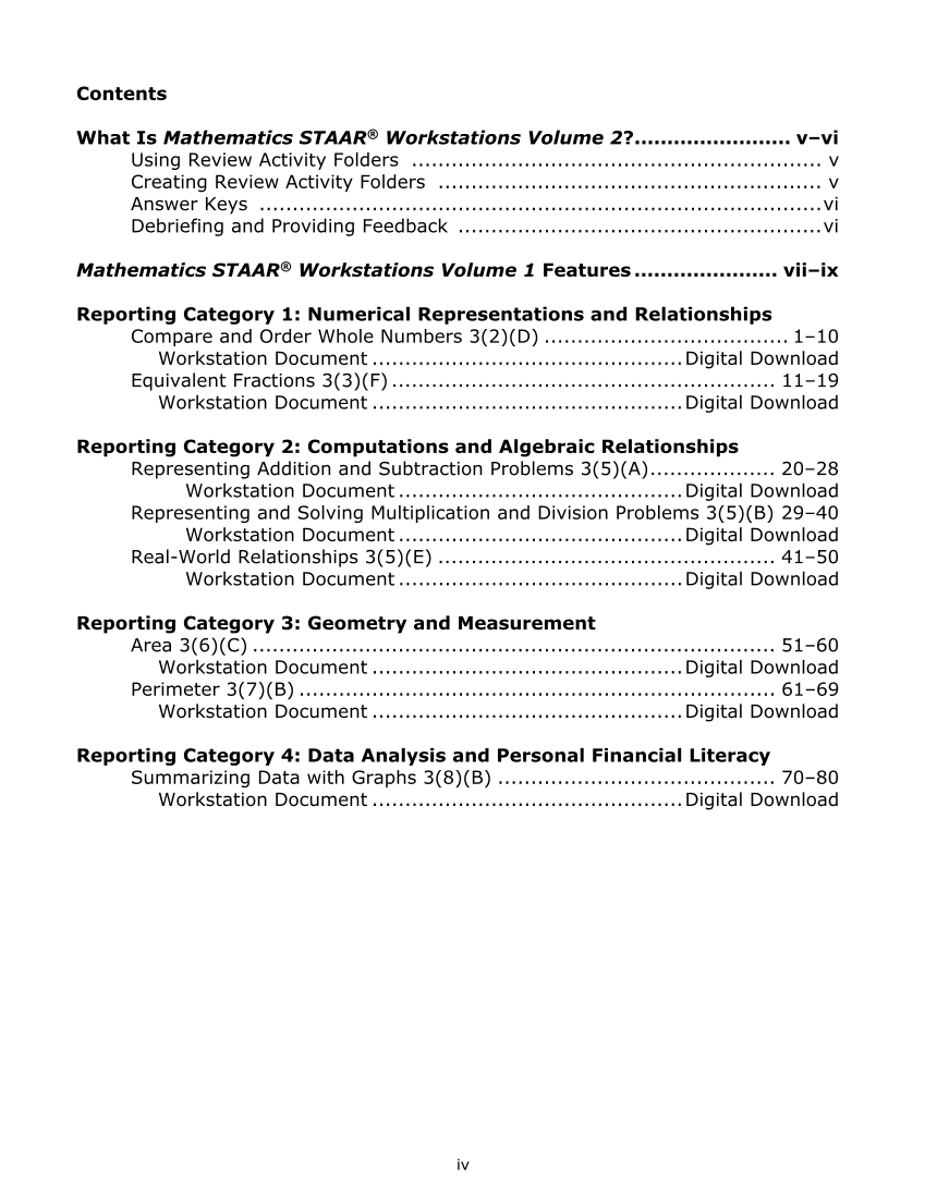 Mathematics STAAR® Workstations Volume 2, Grade 3 Spanish page iv