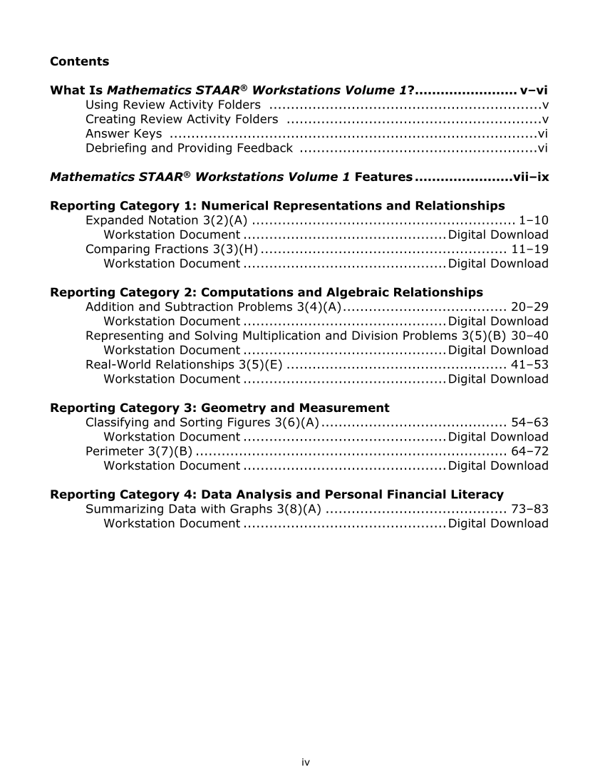 Mathematics STAAR® Workstations Volume 1, Grade 3, Spanish page iv