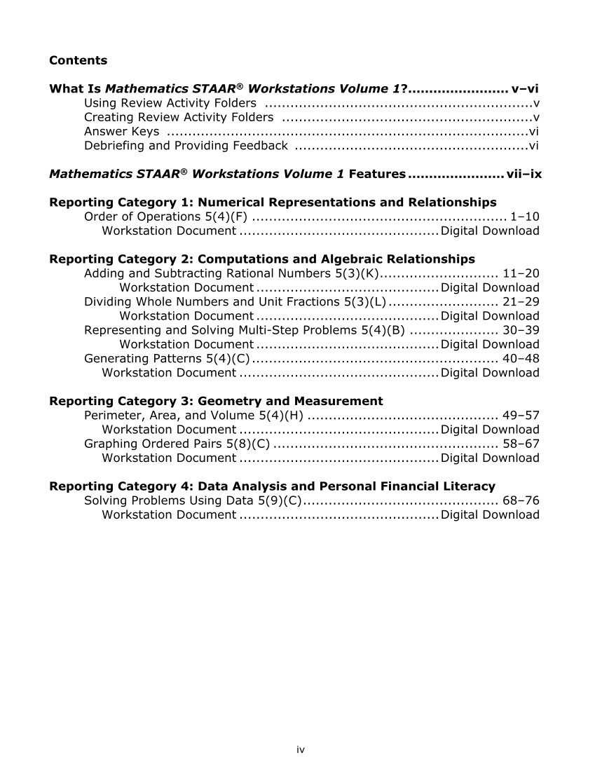Mathematics STAAR® Workstations Volume 1, Grade 5, Spanish page iv