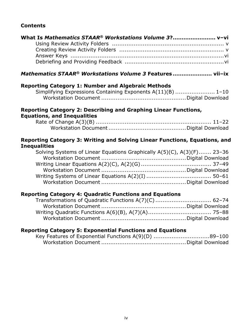 Mathematics STAAR® Workstations Volume 3, Algebra I page iv