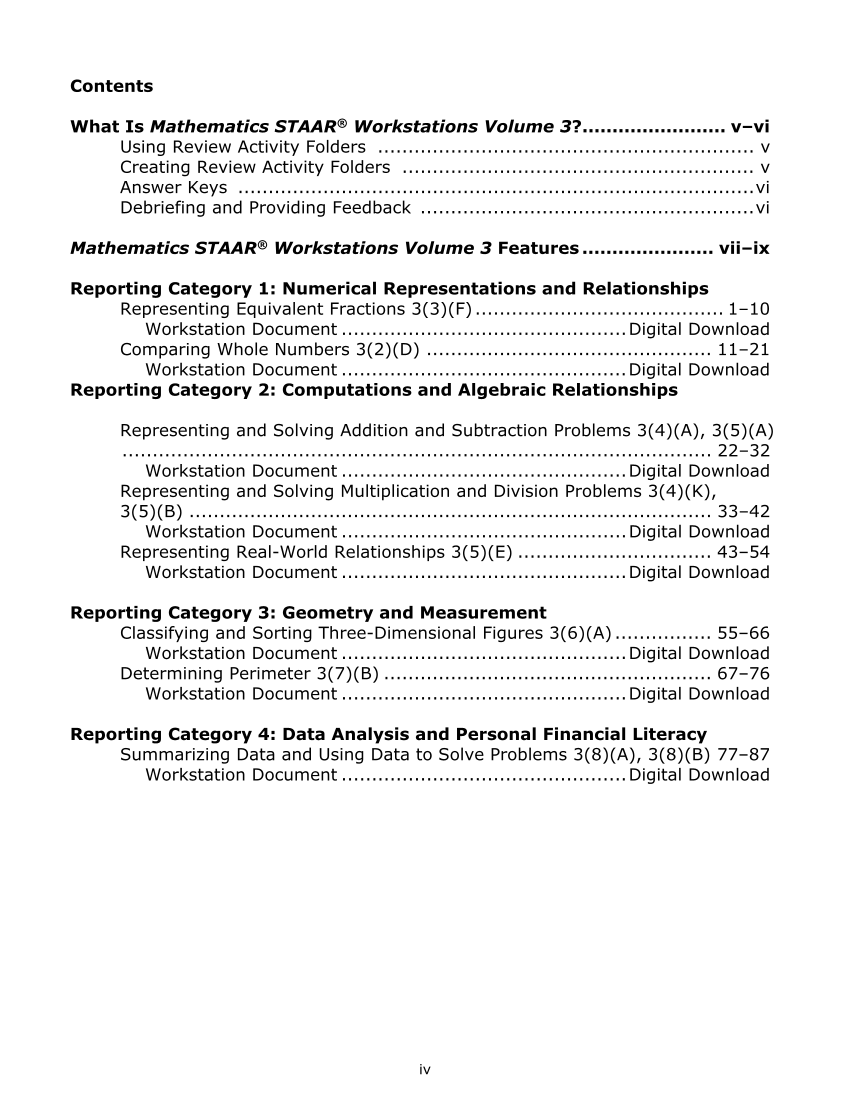 Mathematics STAAR® Workstations Volume 3, Grade 3 page v