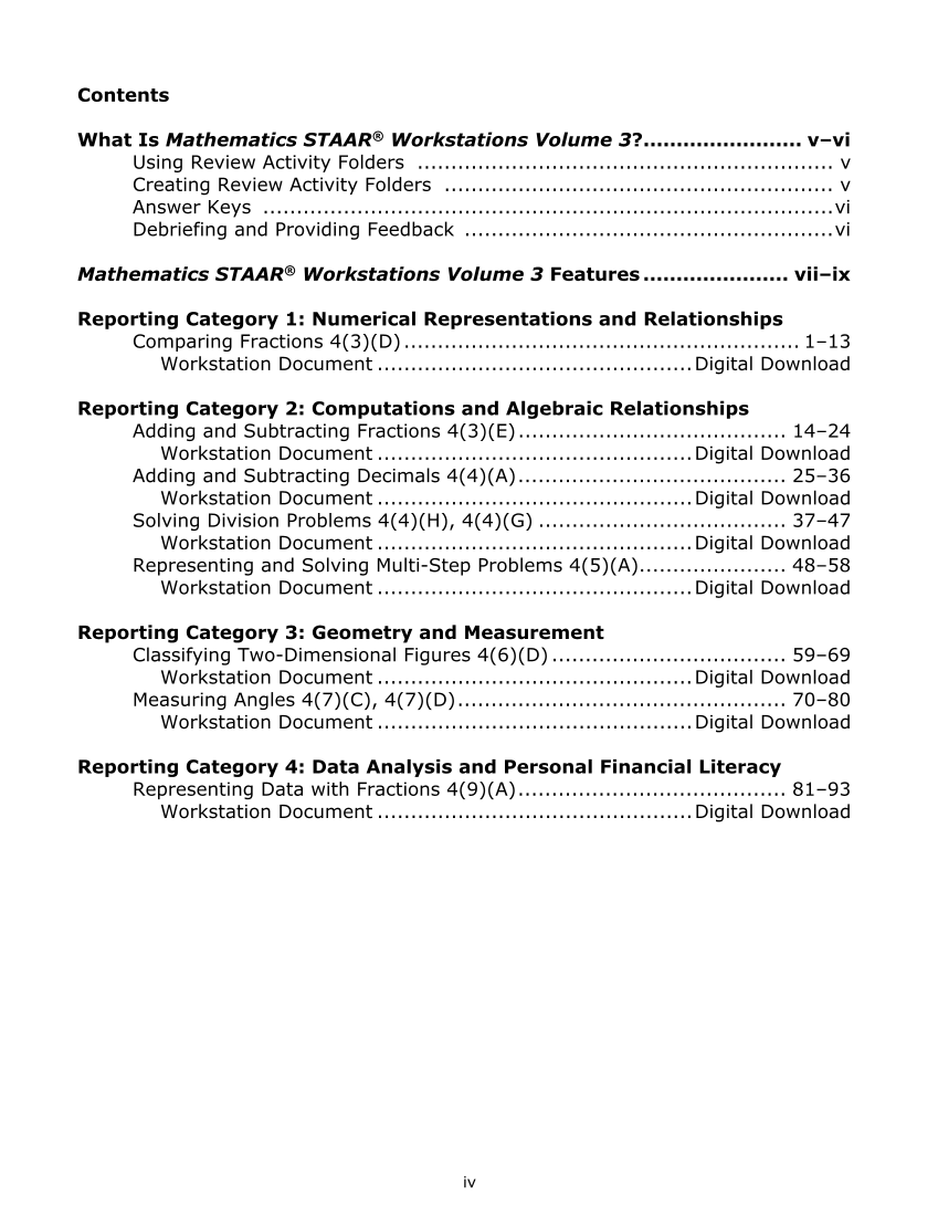 Mathematics STAAR® Workstations Volume 3, Grade 4 page iv