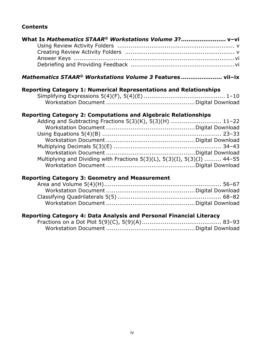 Mathematics STAAR® Workstations Volume 3, Grade 5 page iv