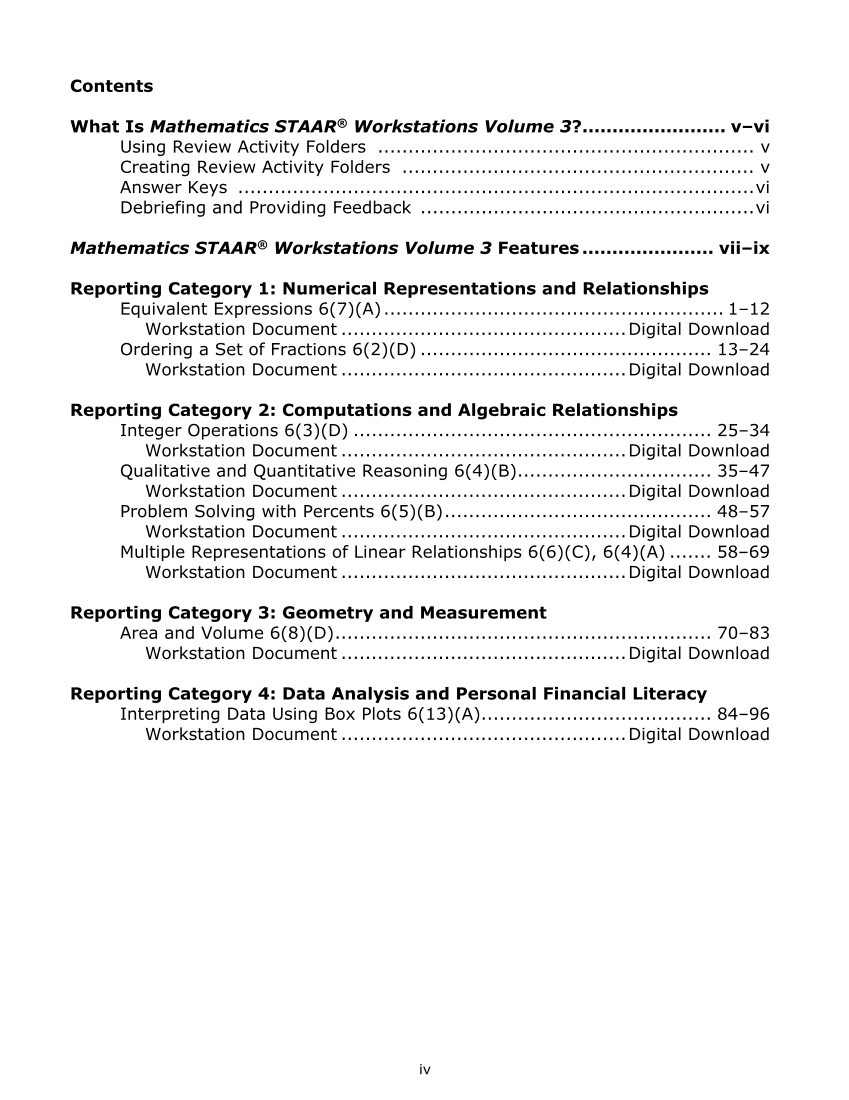 Mathematics STAAR® Workstations Volume 3, Grade 6 page iv
