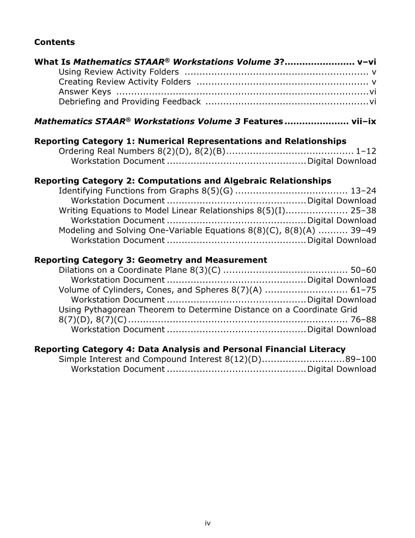 Mathematics STAAR® Workstations Volume 3, Grade 8 page iv