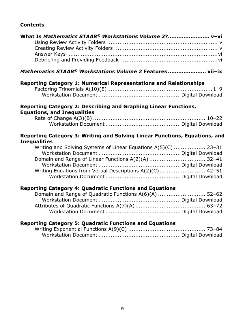 Mathematics STAAR® Workstations Volume 2, Algebra 1 page iv
