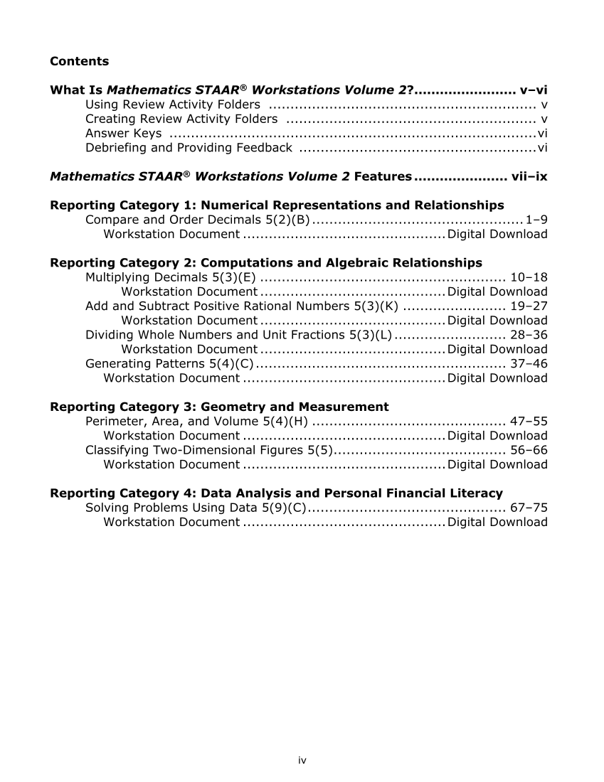Mathematics STAAR® Workstations Volume 2, Grade 5 page iv