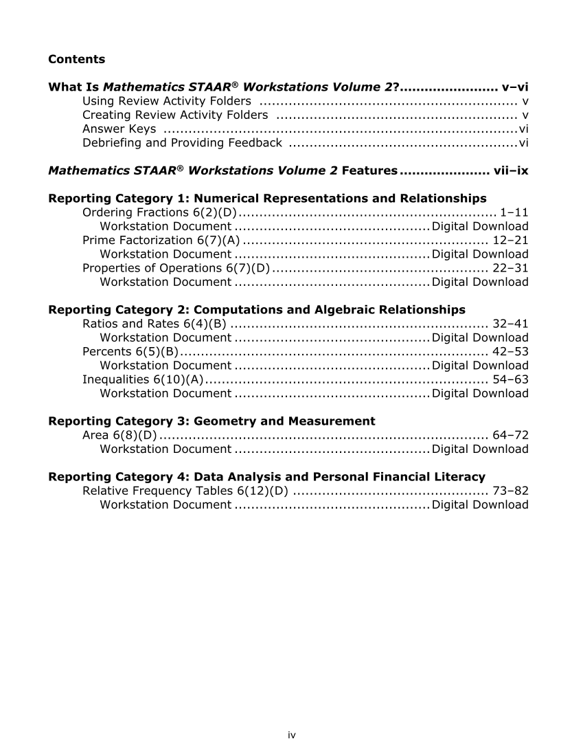 Mathematics STAAR® Workstations Volume 2, Grade 6 page iv