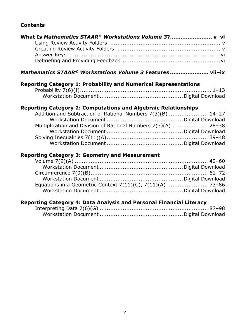 Mathematics STAAR® Workstations Volume 3, Grade 7 page iv