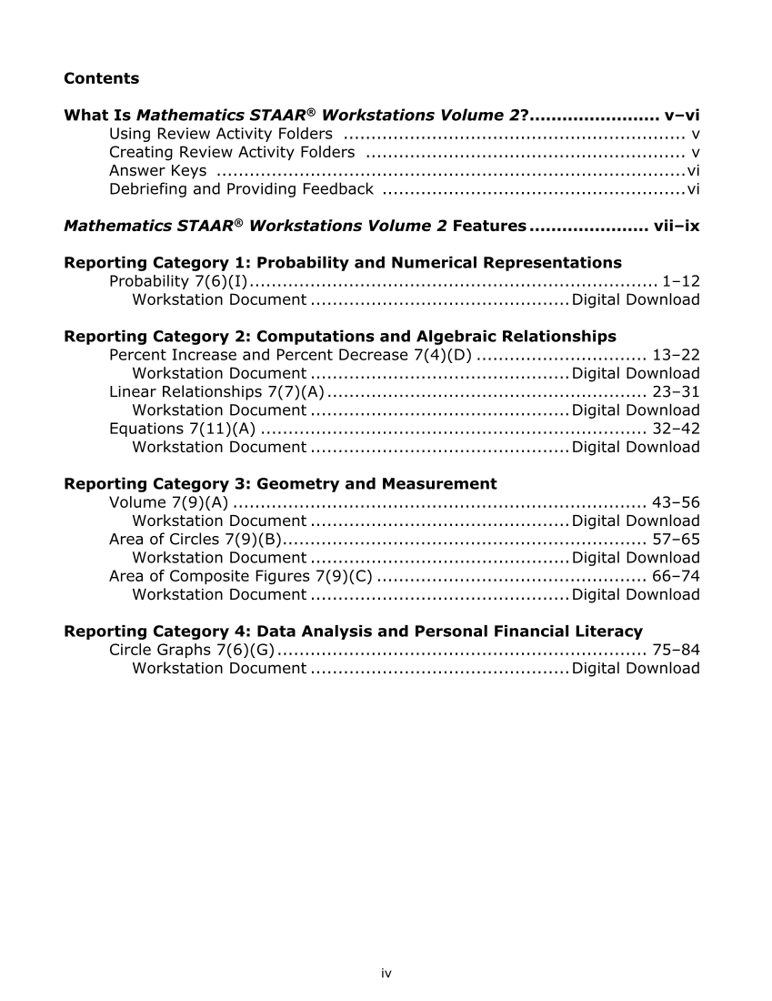 Mathematics STAAR® Workstations Volume 2, Grade 7 page iv