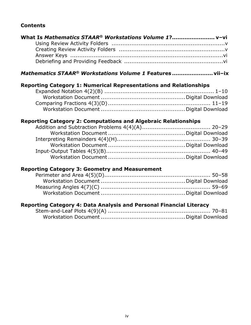 Mathematics STAAR® Workstations Volume 1, Grade 4 page iv