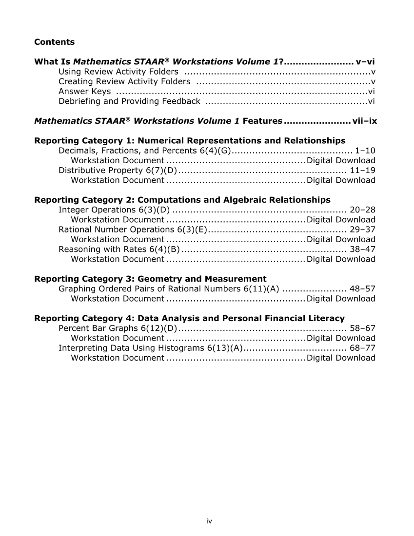 Mathematics STAAR® Workstations Volume 1, Grade 6 page iv