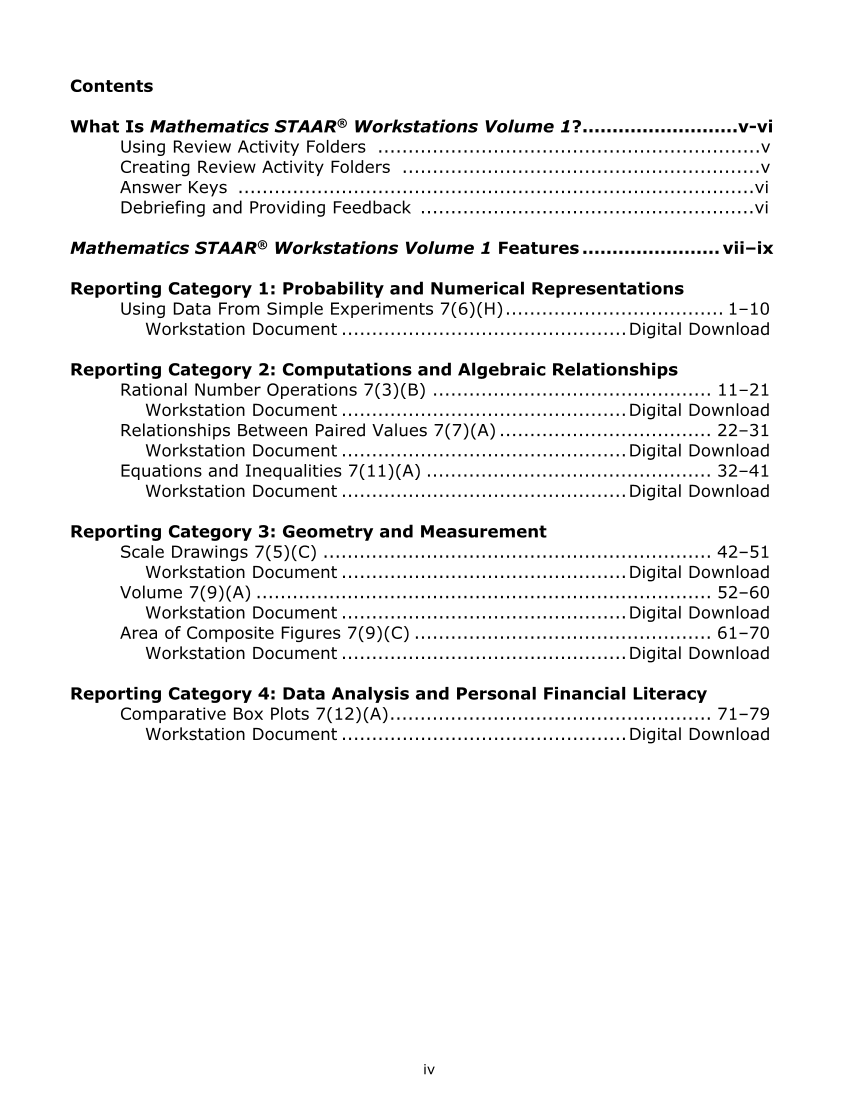 Mathematics STAAR® Workstations Volume 1, Grade 7 page iv