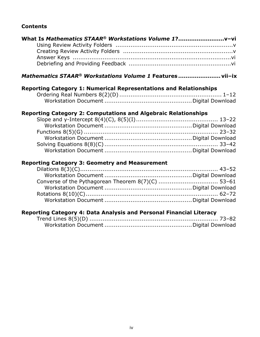 Mathematics STAAR® Workstations Volume 1, Grade 8 page iv