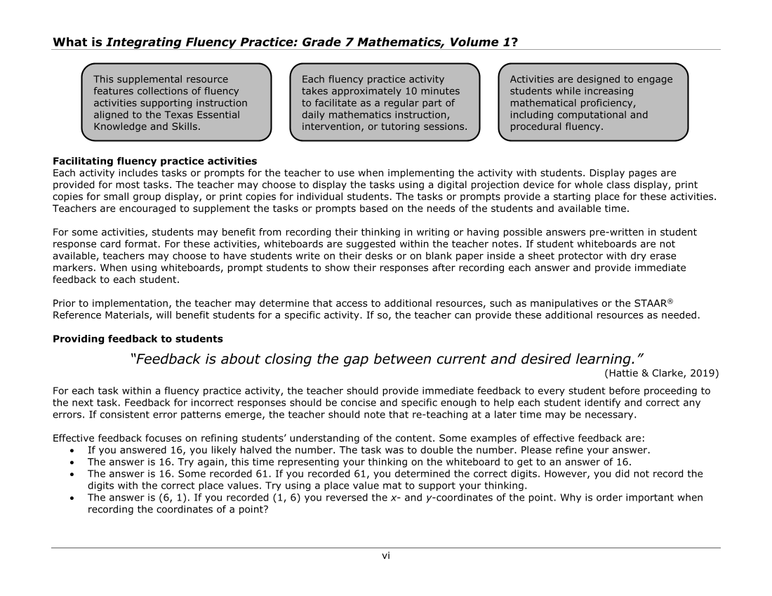 Integrating Fluency Practice: Grade 7 Mathematics, Volume 1 page vi