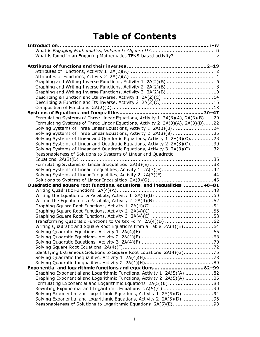 Engaging Mathematics, Volume I: Algebra 2 page 4